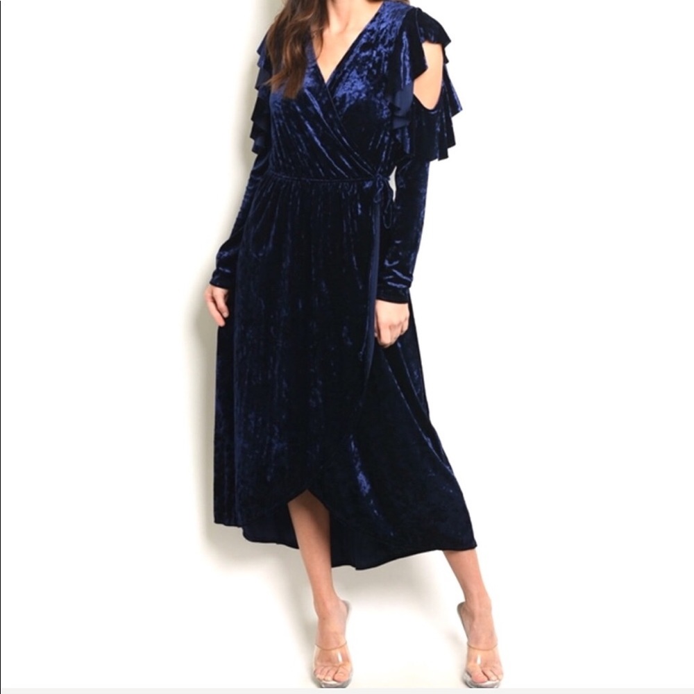 ✨LUXURIOUS✨BLUE VELVET DRESS-NEW- S-M✨SLIP WRAP✨LONG SLEEVE - Picture 3 of 9